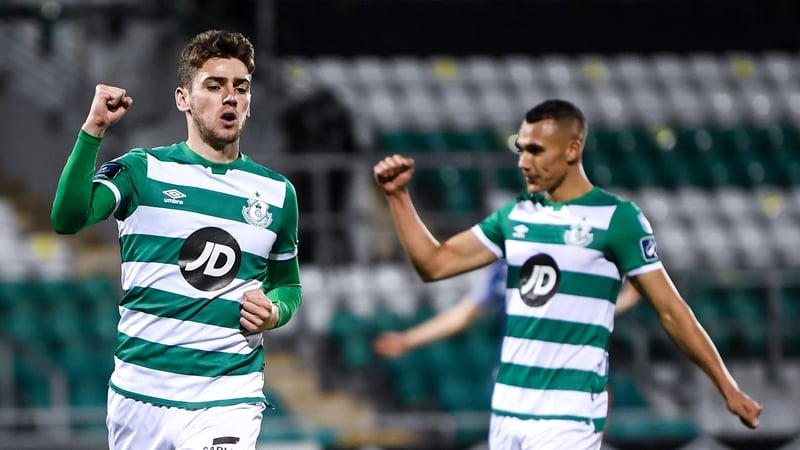 Dylan Watts of Shamrock Rovers celebrates after scoring his side's fourth goal