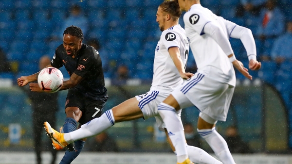 Raheem Sterling gets his shot off at Elland Road