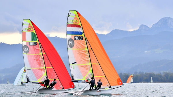 Ireland's Sean Donnelly and Markus O'Leary (L) and the Netherlands' Daniel Bramervaer and Manus Offerman compete in the 49er class