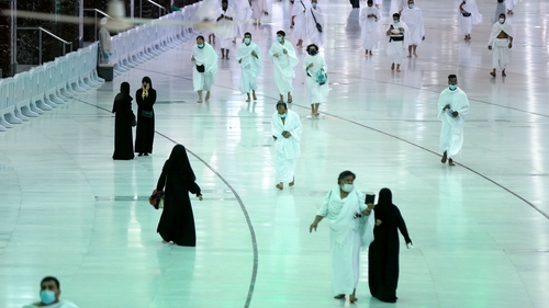 Pilgrims at the Grand Mosque complex in Mecca, Saudia Arabia today