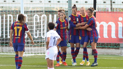 Barcelona celebrate their side's second goal