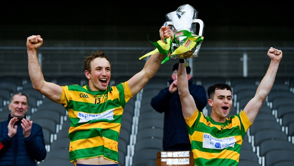 Michael O'Halloran, left, and Cathal McCormack of Blackrock lift the Sean Óg Murphy Cup
