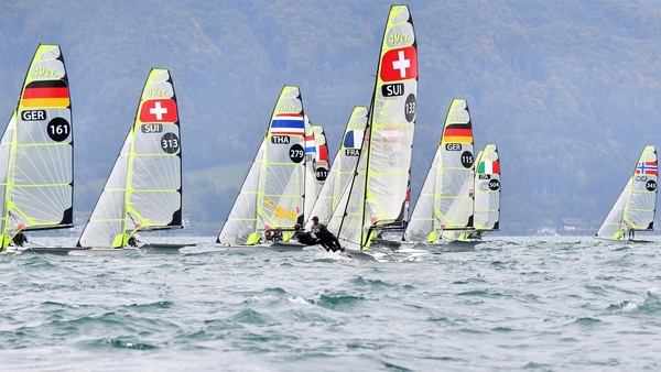 49er class boats compete during the 2020 European Sailing Championships on Lake Attersee