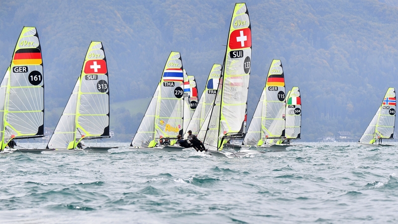 49er class boats compete during the 2020 European Sailing Championships on Lake Attersee