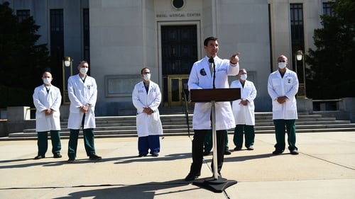 White House physician Sean Conley and doctors at Walter Reed Medical Center where US president Donald Trump was treated for Covid-19 with remdesivir. Photo: Getty Images