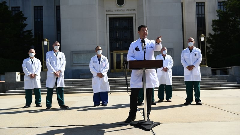 White House physician Sean Conley and doctors at Walter Reed Medical Center where US president Donald Trump was treated for Covid-19 with remdesivir. Photo: Getty Images