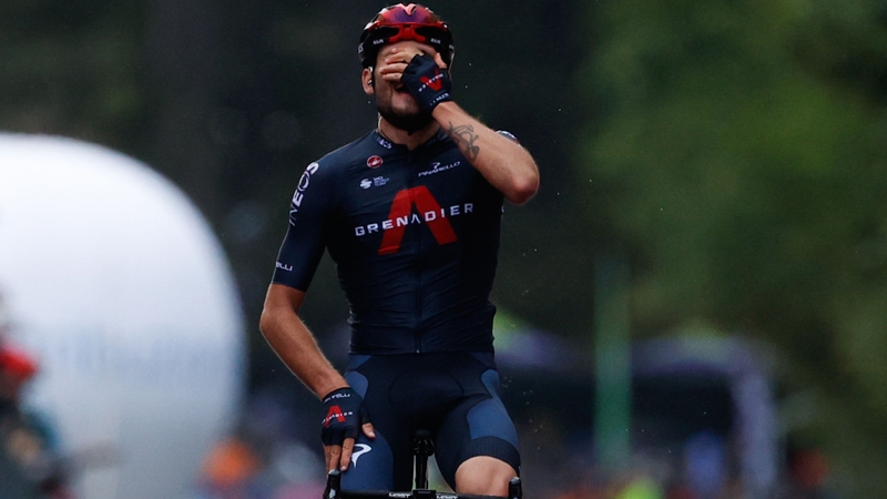 Filippo Ganna celebrates as he crosses the finish line to win the fifth stage of the 2020 Giro d'Italia