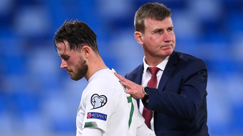 Stephen Kenny consoles Alan Browne after Ireland's penalty shootout loss to Slovakia in the Euro qualifiers