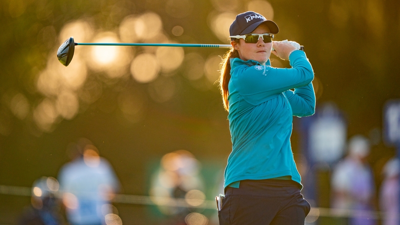 Leona Maguire plays her tee shot from the ninth at Aronimink Golf Club