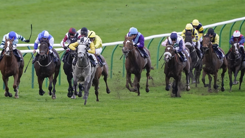 The grey Great White Shark powers away from his rivals at a soggy Newmarket