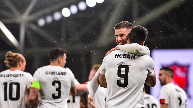 Patrick McEleney and Pat Hoban celebrate their Europa League play-off win over Ki Klaksvik at Aviva Stadium