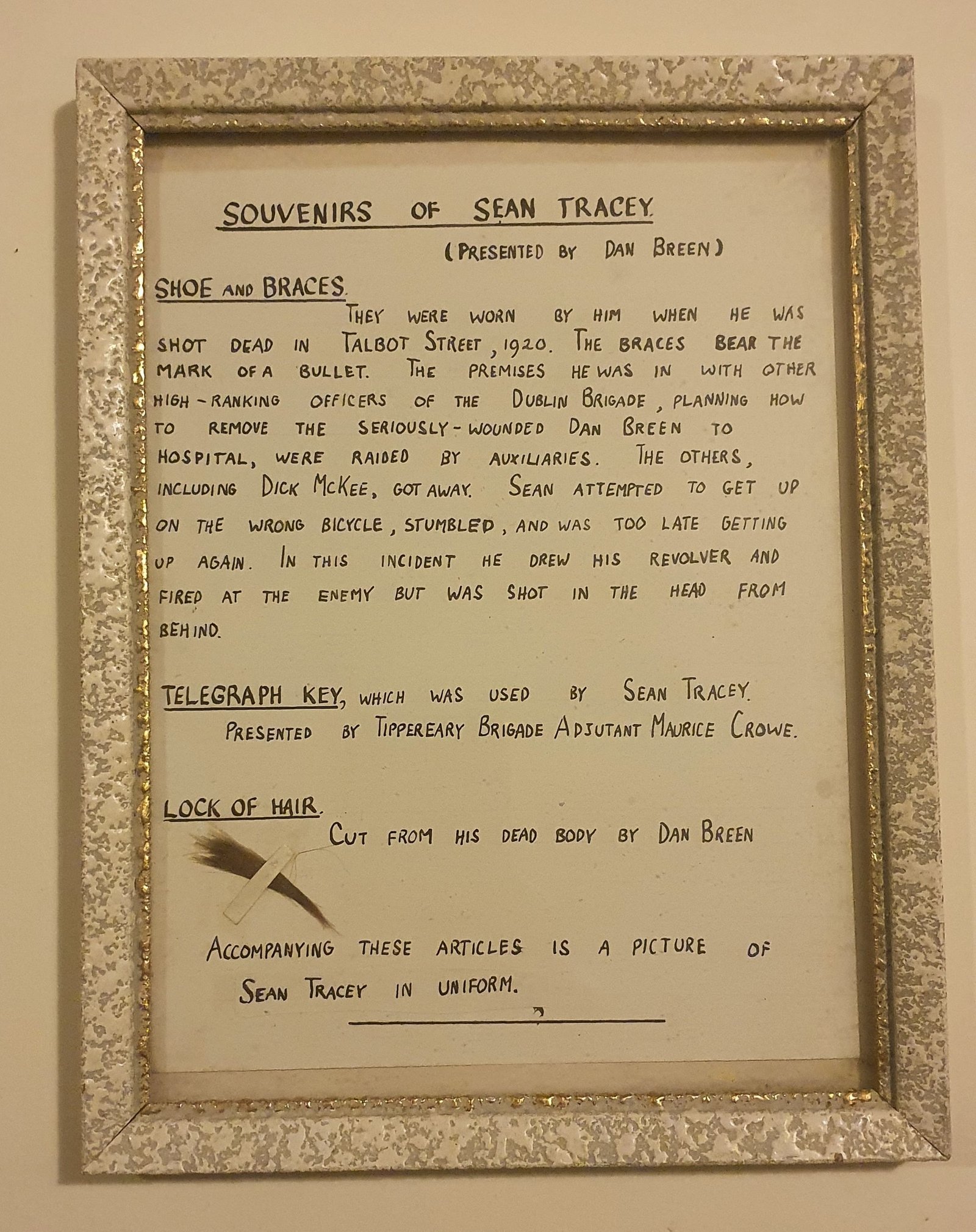 Lock of Seán Treacy's hair cut from his body by Dan Breen