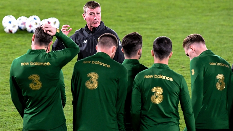 Stephen Kenny working with the Irish players in the stadium in Helsinki ahead of the game against Finland