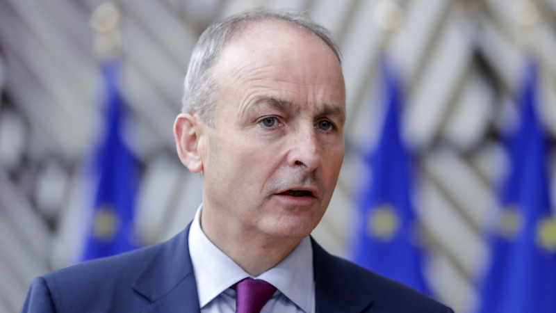 Taoiseach Micheál Martin speaking to reporters in Brussels today