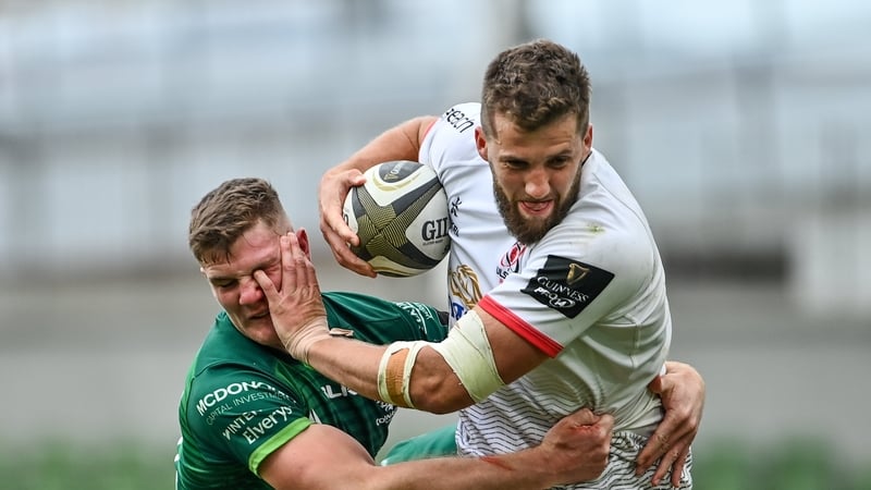 Stuart McCloskey tackled by Connacht's Peter Sullivan after rugby's August resumption