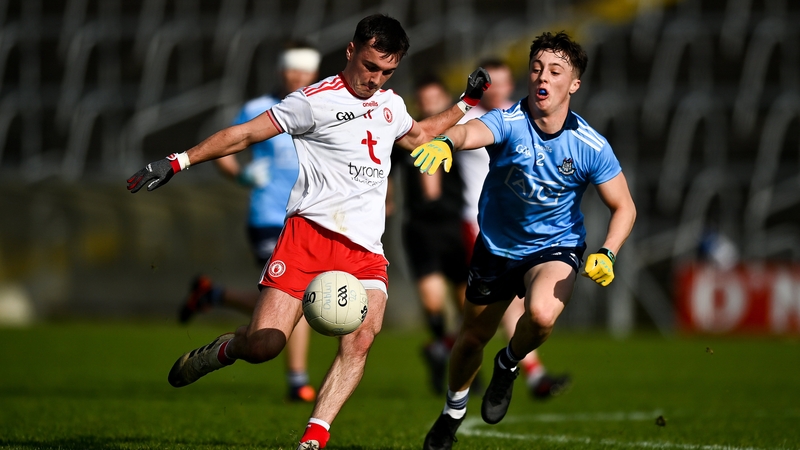 Darragh Canavan of Tyrone in action against Conor Tyrrell of Dublin
