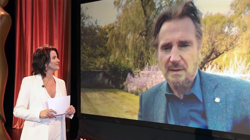 Host Deirdre O'Kane chats to Liam Neeson during the virtual IFTAs 2020
