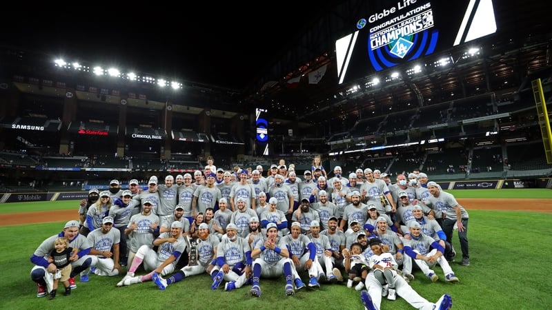 The LA Dodgers celebrate on the mound after defeating the Atlanta Braves