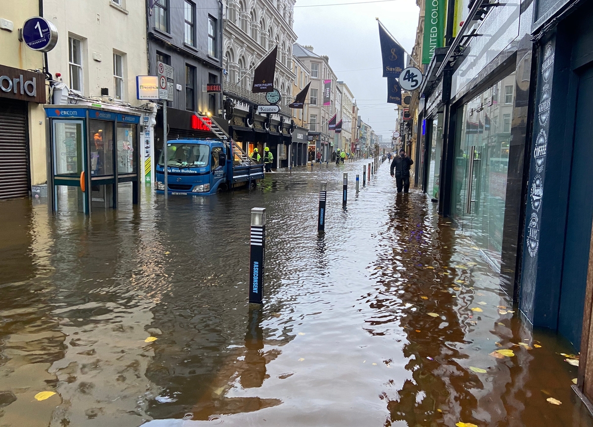 Buildings & cars damaged by flooding in Cork