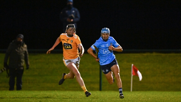 Dublin's Dara Purcell goes past the challenge of Antrims Declan McCloskey in the U20 Leinster hurling championship