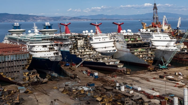 Five luxury cruise ships are seen being broken down for scrap metal at the Aliaga ship recycling port in Turkey
