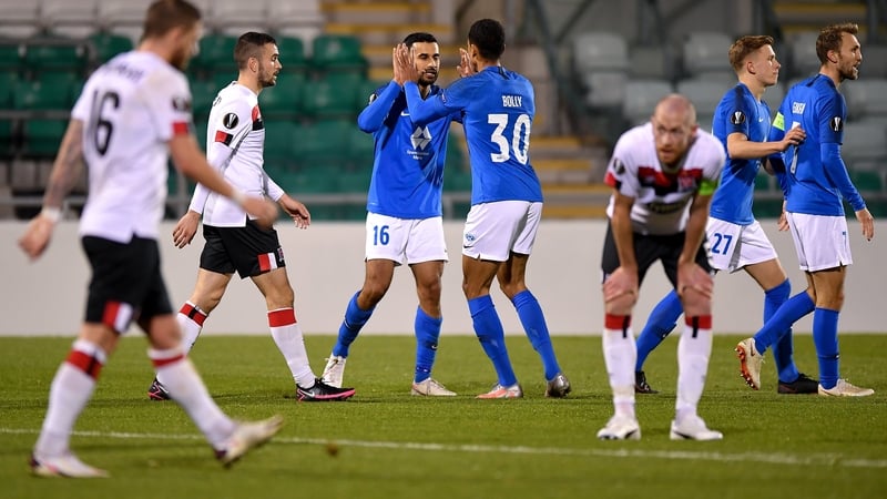 Etzaz Hussain of Molde FK, left, is congratulated by team-mate Mathis Bolly