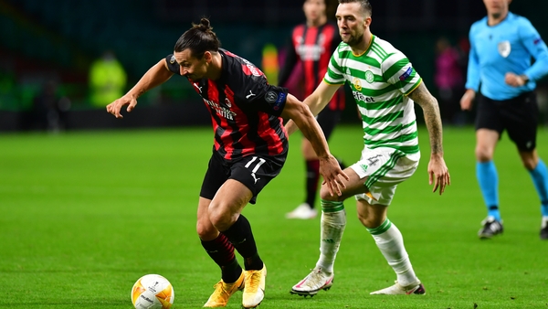 AC Milan's Zlatan Ibrahimovic looks to break past Celtic's Shane Duffy