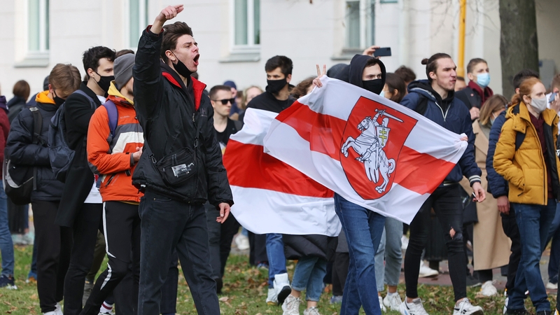 Students take part in a rally in central Minsk