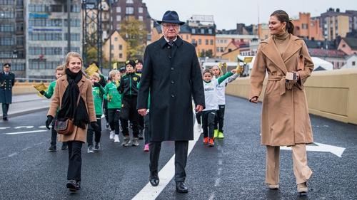 Swedish royals Princess Estelle, King Carl Gustaf and Princess Victoria at the Slussbron bridge, Stockholm after its inauguration