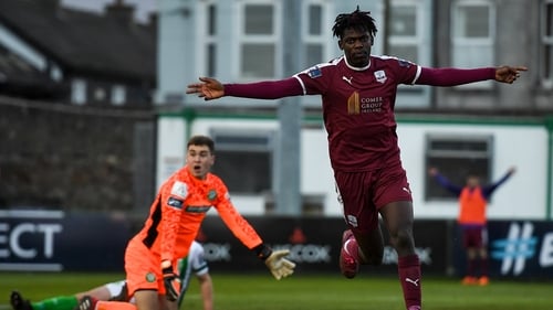 Wilson Waweru celebrates the winning goal at the Carlisle Grounds
