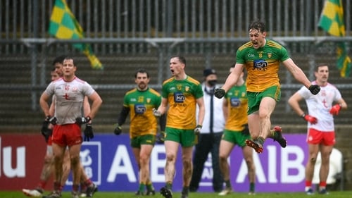 Hugh McFadden jumps for joy as Donegal beat Tyrone in the Ulster football championship