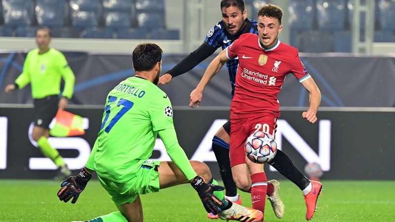 Diogo Jota scores the first of his three goals against Atalanta on Tuesday