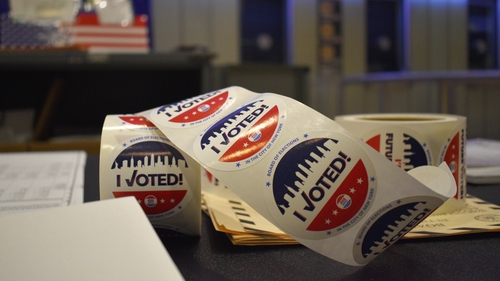 A roll of 'I Voted' stickers at a polling station in Madison Square Garden