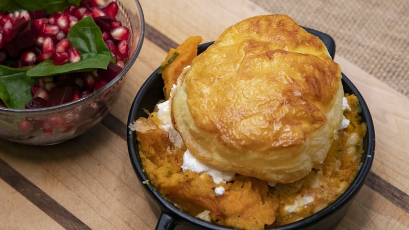Mags Roches' Butternut squash, Ricotta and Sage pie, with beetroot and pomegranate salad.