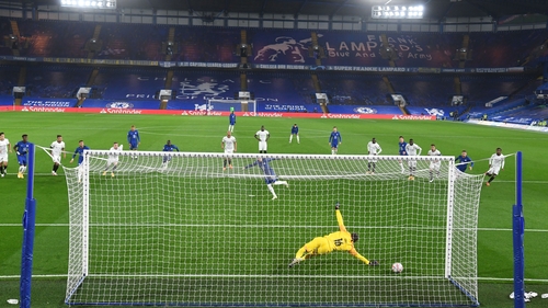 Timo Werner rifles home his first penalty against Rennes at Stamford Bridge