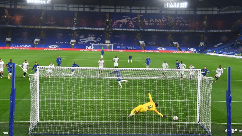 Timo Werner rifles home his first penalty against Rennes at Stamford Bridge