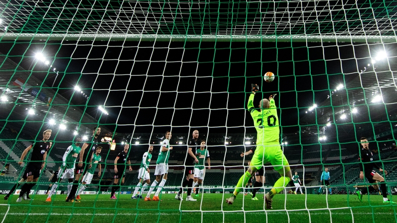 Dundalk goalkeeper Aaron McCarey in action against Rapid Vienna