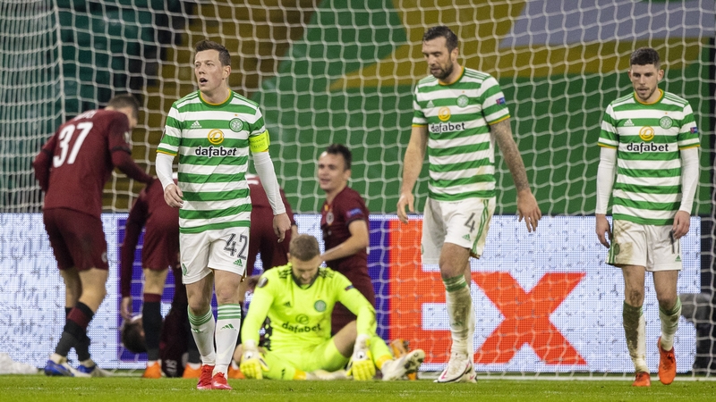 Celtic's Callum McGregor, Shane Duffy and Ryan Christie (L-R) after Sparta Prague's third goal
