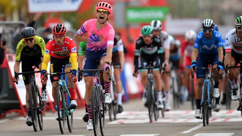 A jubilant Magnus Cort crosses the line in Ciudad Rodrigo