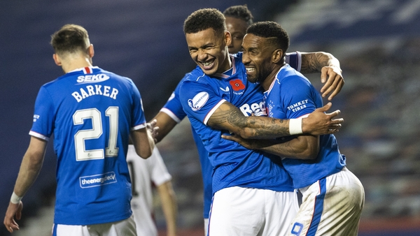 James Tavernier celebrates making it 8-0 with Jermain Defoe