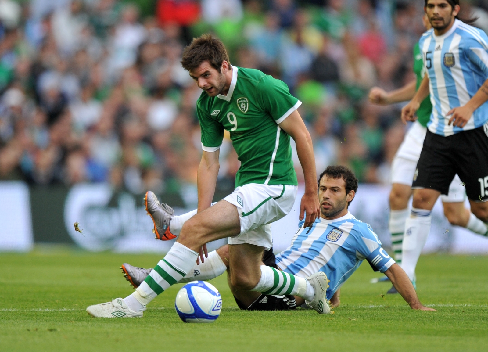 Cillian Sheridan tackled by Javier Mascherano of Argentina in 2010 during one of his three Ireland senior caps days before linking up with CSKA
