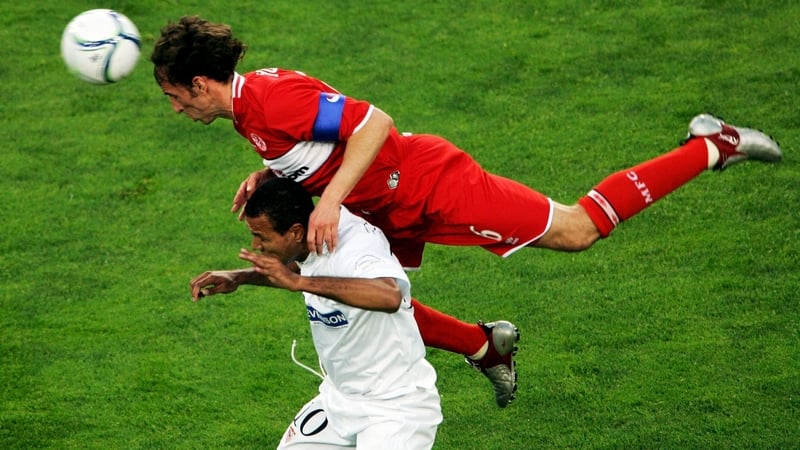 An airborne Gareth Southgate heads the ball clear during Middlesbrough's UEFA Cup final clash against Sevilla in 2006