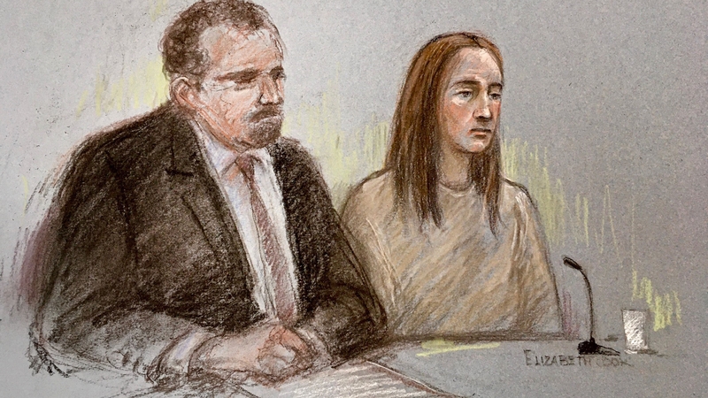 Court artist sketch of Lucy Letby, next to her solicitor Richard Thomas, appearing via video link at Warrington Magistrates' Court
