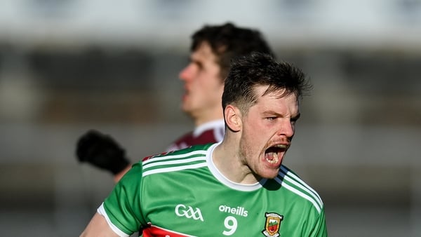 Matthew Ruane celebrates a Mayo point at Pearse Stadium