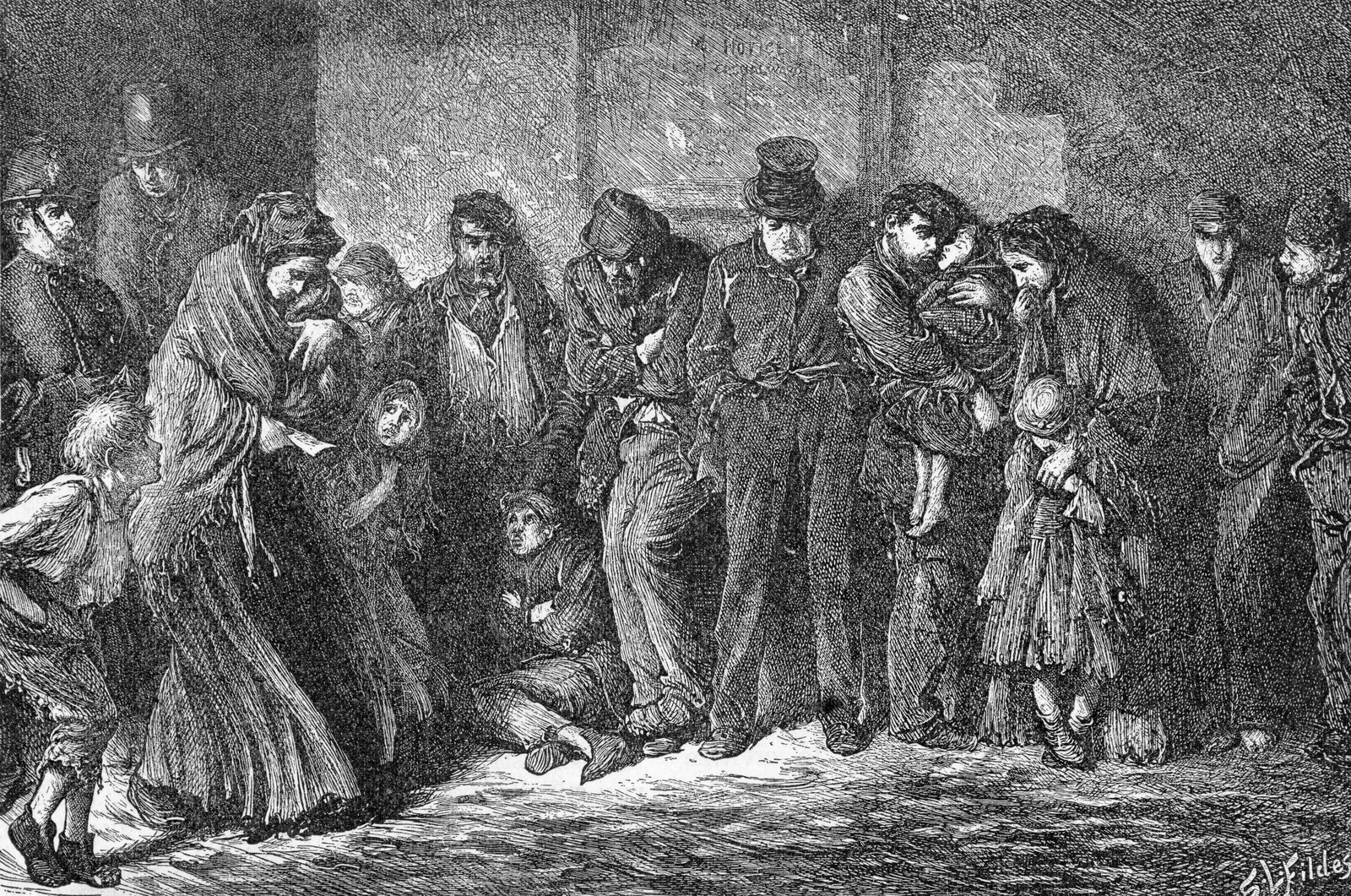 "Houseless and Hungry" by Luke Fildes,which appeared in the first number of the London Graphic, 1869. Source:  DeAgostini/Getty Images
