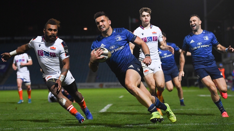 Cian Kelleher completes his hat-trick and scores Leinster's eighth try of the night at the RDS