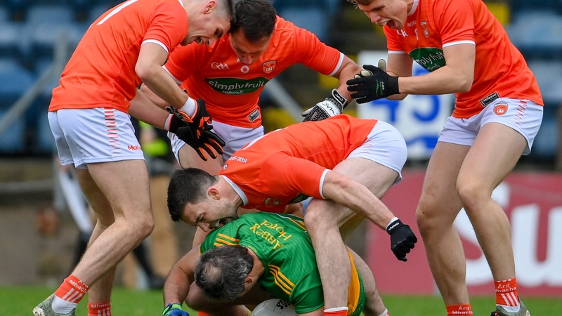 Greg McCabe, Stephen Sheridan, Aidan Forker and Oisin O'Neill celebrate the concession of a free by Michael Murphy
