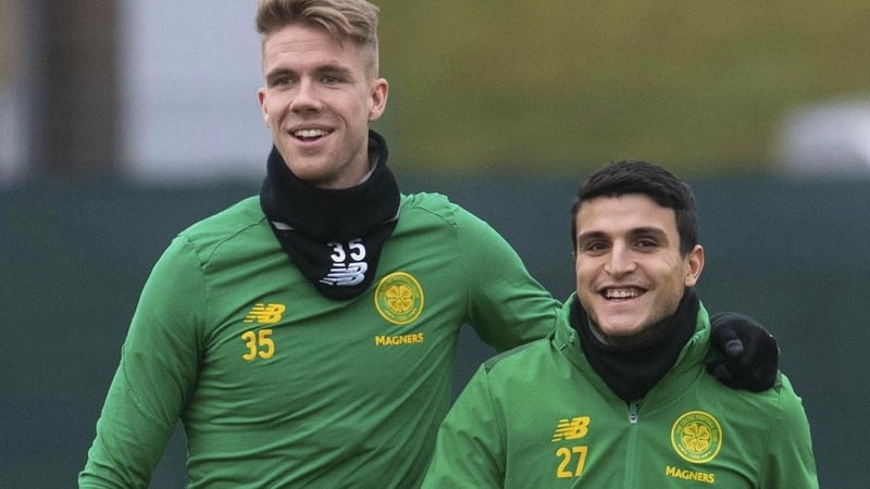 Celtics Kristoffer Ajer (L) and Mohamed Elyounoussi