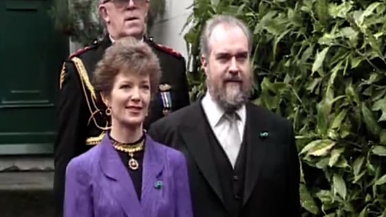 Mary Robinson and her husband Nick pictured outside their family home in Ranelagh (1990)