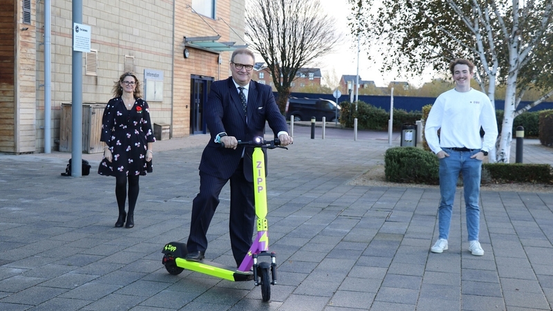 Suzanne Winkels, Head of Transport Strategy, Buckinghamshire Council; Clive Harriss, Buckinghamshire Council Cabinet Member for Sports and Leisure, and Will O'Brien, Vice-President of Growth and Government Affairs, Zipp Mobility.